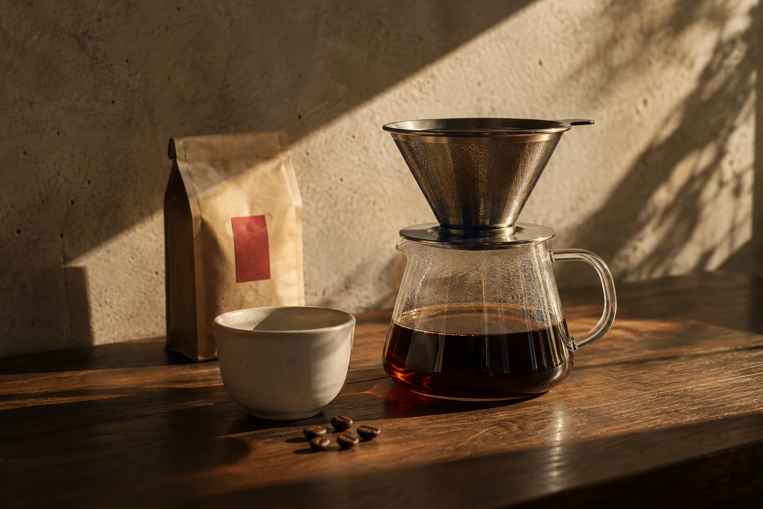 陽の差すカウンターに置かれたドリッパーとコーヒーサーバー